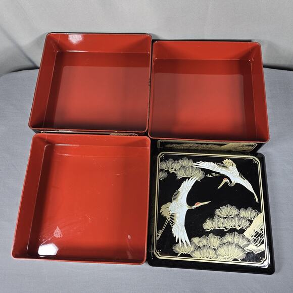 Japanese Lacquer Style Jubako Box Set Square 3 Tier Cranes Pine Black Red - Picture 6 of 7